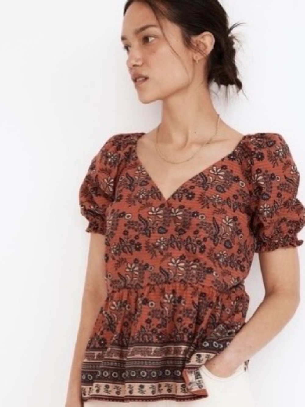Madewell Womens Floral Faux Wrap Peplum Puff Short Sleeve Blouse Rust Size Small